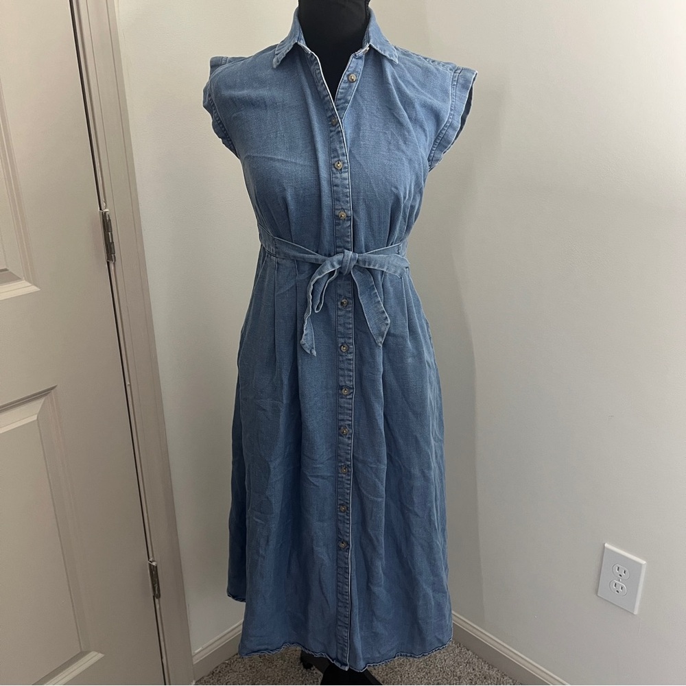 LOFT Chambray Sleeveless Button Front Dres Sz 00 Linen Cottagecore Classic - Picture 2 of 8